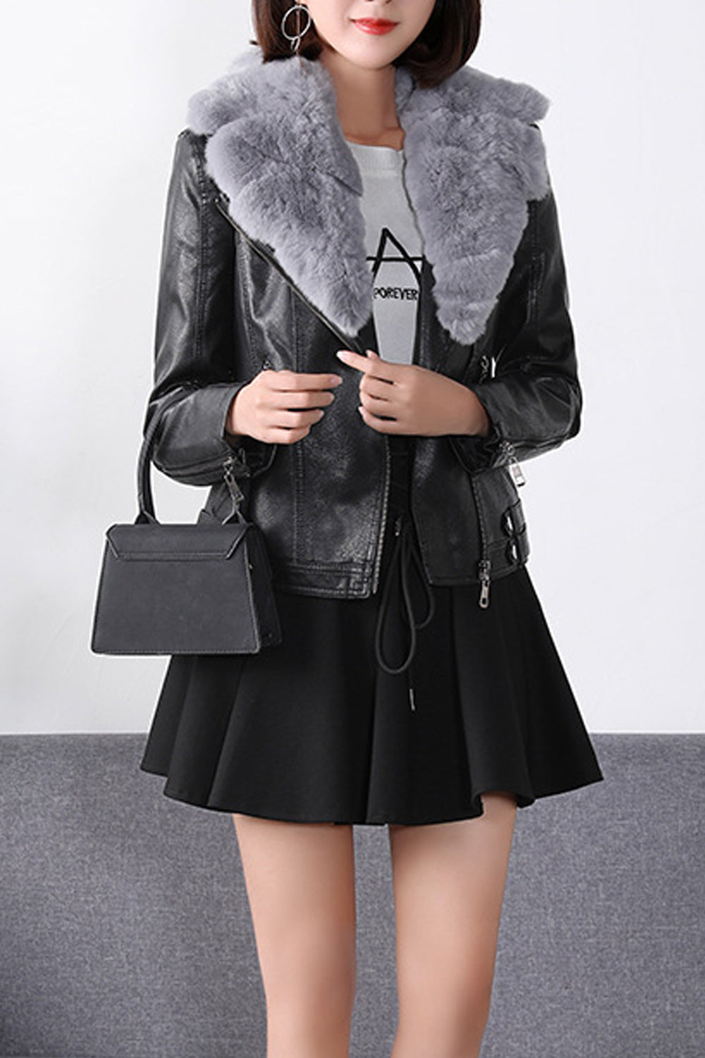 Women Big Collar Long Sleeve Regular Fit Trendy Leather Jacket