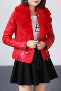 Women Big Collar Long Sleeve Regular Fit Trendy Leather Jacket