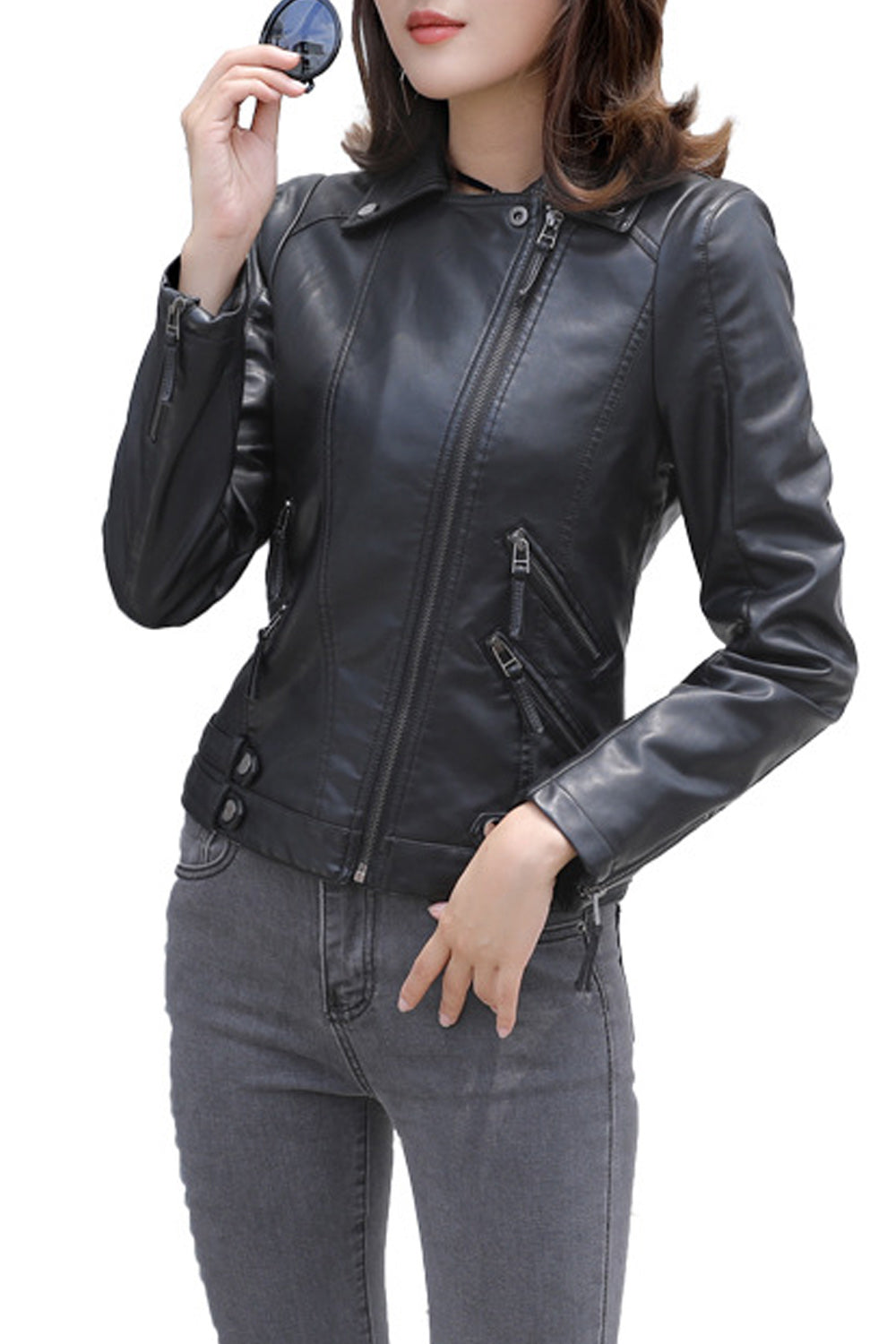 Women Trendy Zipper Pockets Long Sleeve Fashionable Leather Jacket