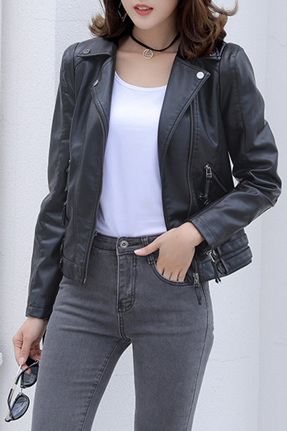Women Trendy Zipper Pockets Long Sleeve Fashionable Leather Jacket