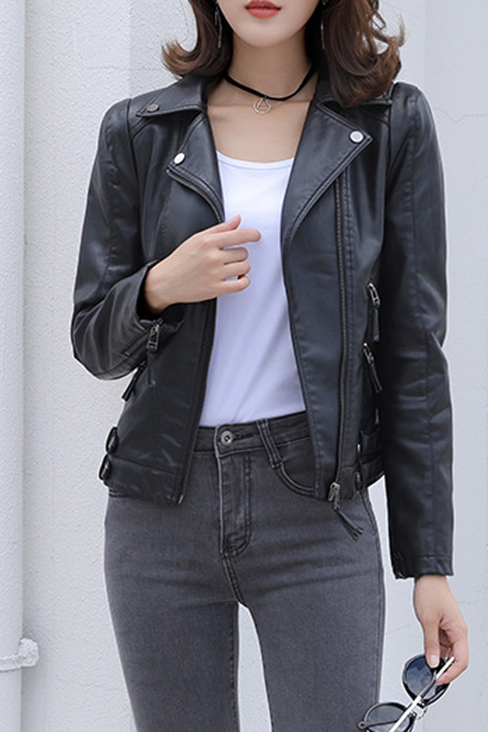 Women Trendy Zipper Pockets Long Sleeve Fashionable Leather Jacket