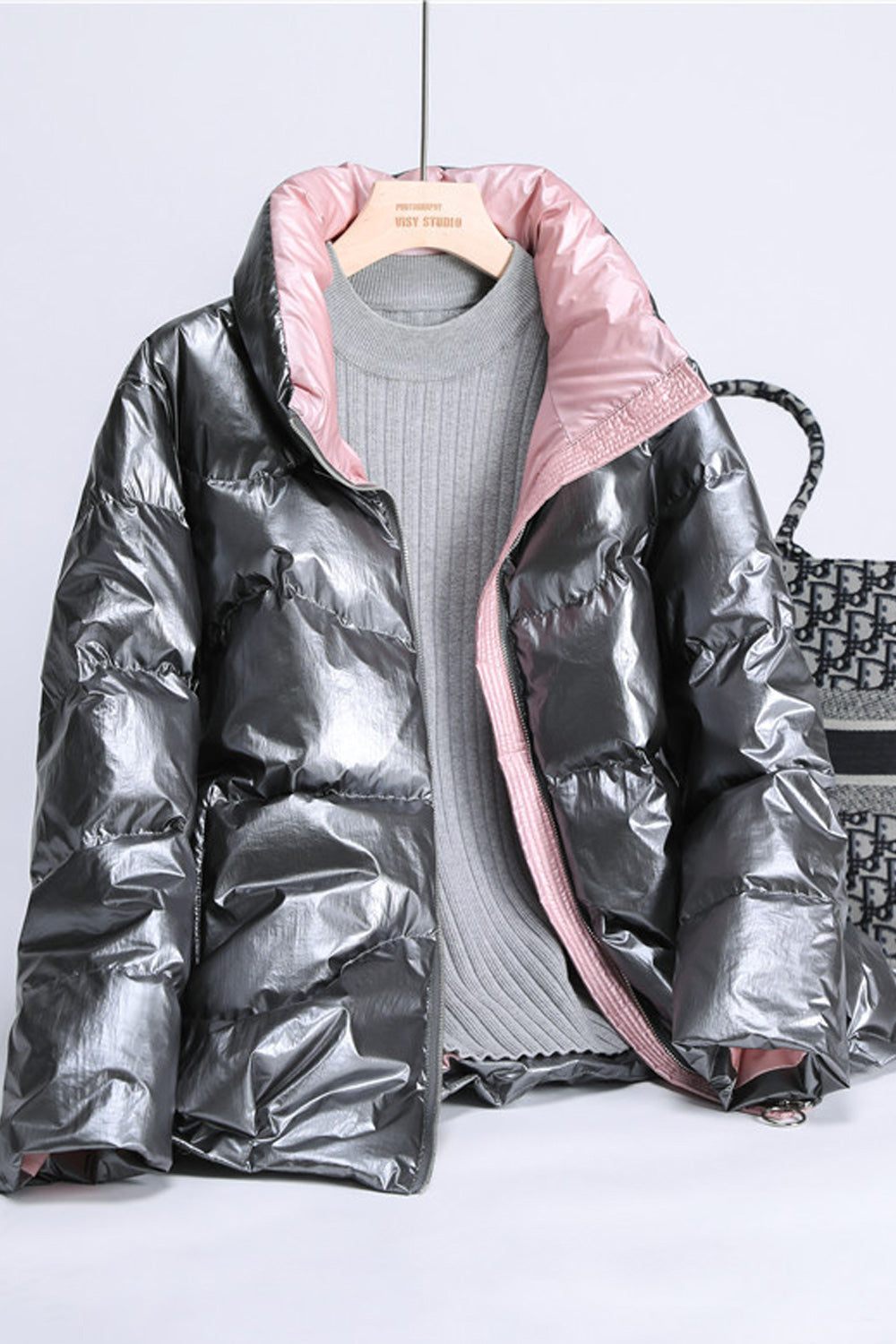 Women Classy Solid Pattern Warm Stand Up Collar Long Sleeve Tremendous Casual Snap Button Padded Jacket