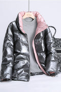 Women Classy Solid Pattern Warm Stand Up Collar Long Sleeve Tremendous Casual Snap Button Padded Jacket