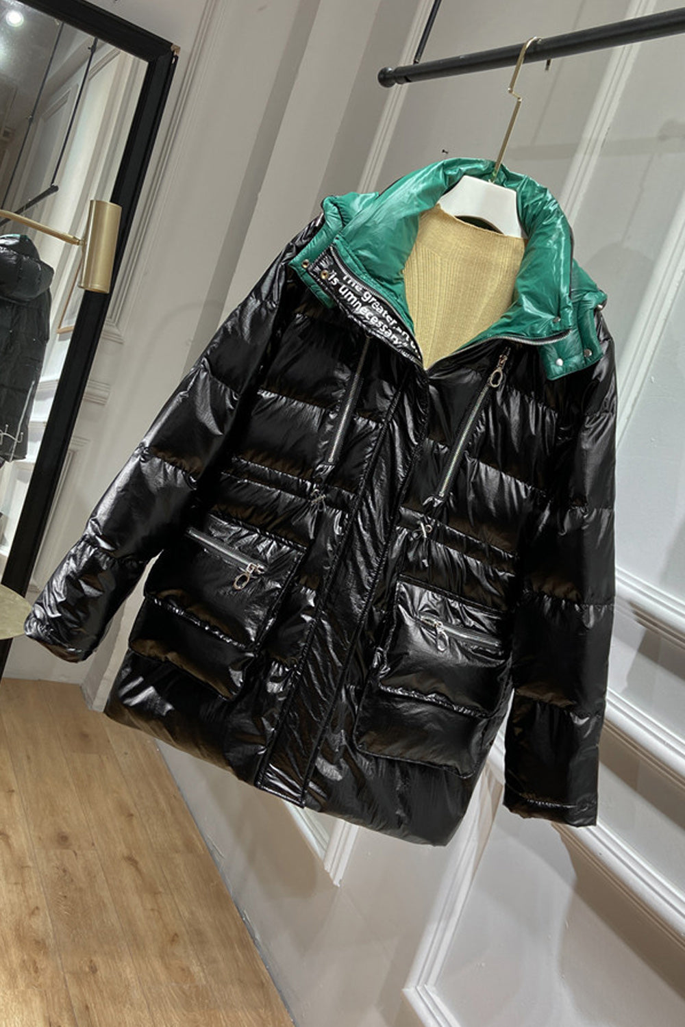 Women Shiny Long Sleeve Pocket Styling Classy Warm Padded Jacket