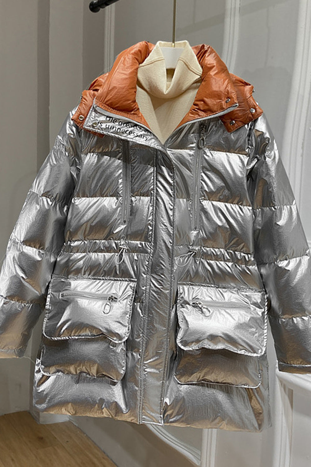 Women Shiny Long Sleeve Pocket Styling Classy Warm Padded Jacket