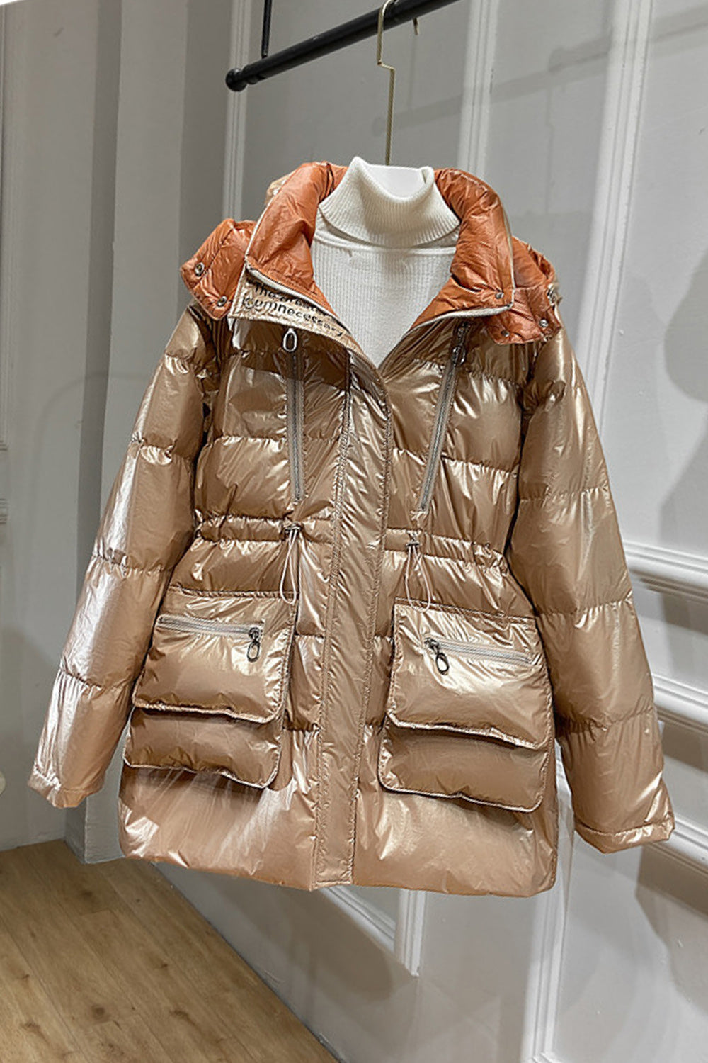 Women Shiny Long Sleeve Pocket Styling Classy Warm Padded Jacket