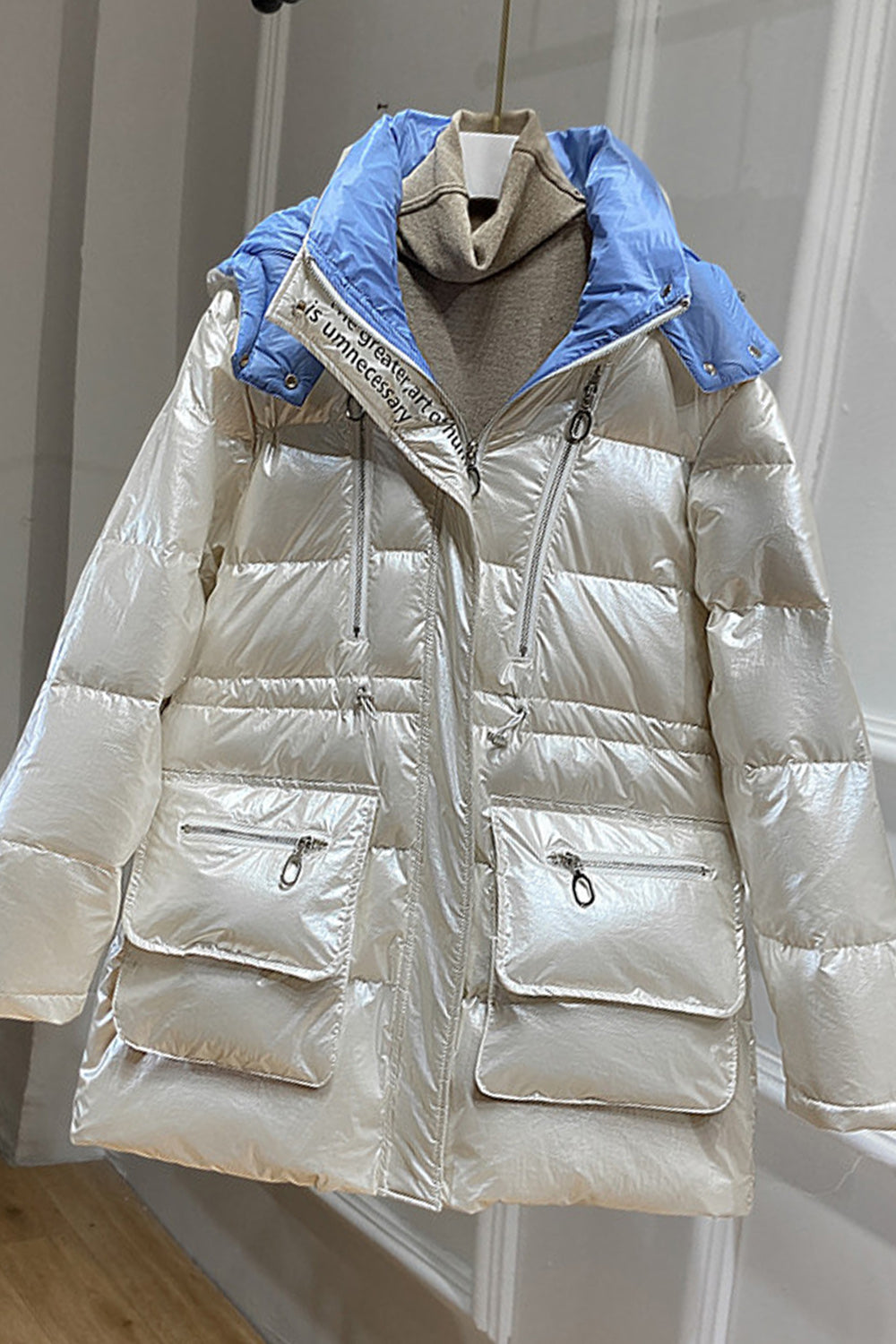 Women Shiny Long Sleeve Pocket Styling Classy Warm Padded Jacket