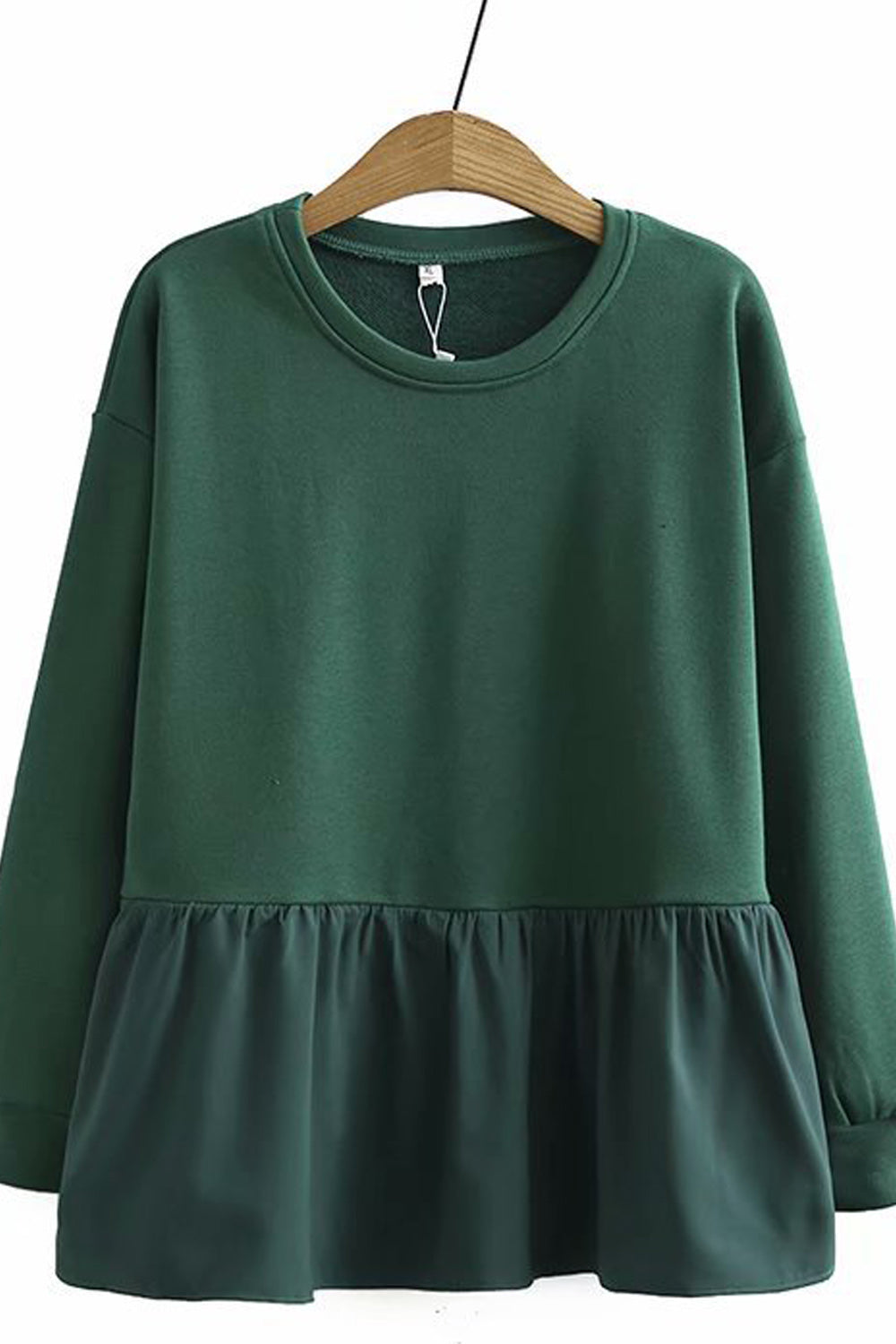 Women Solid Pattern Comfortable Round Neck Ribbed Cuff Ruffled Hem Sweatshirt