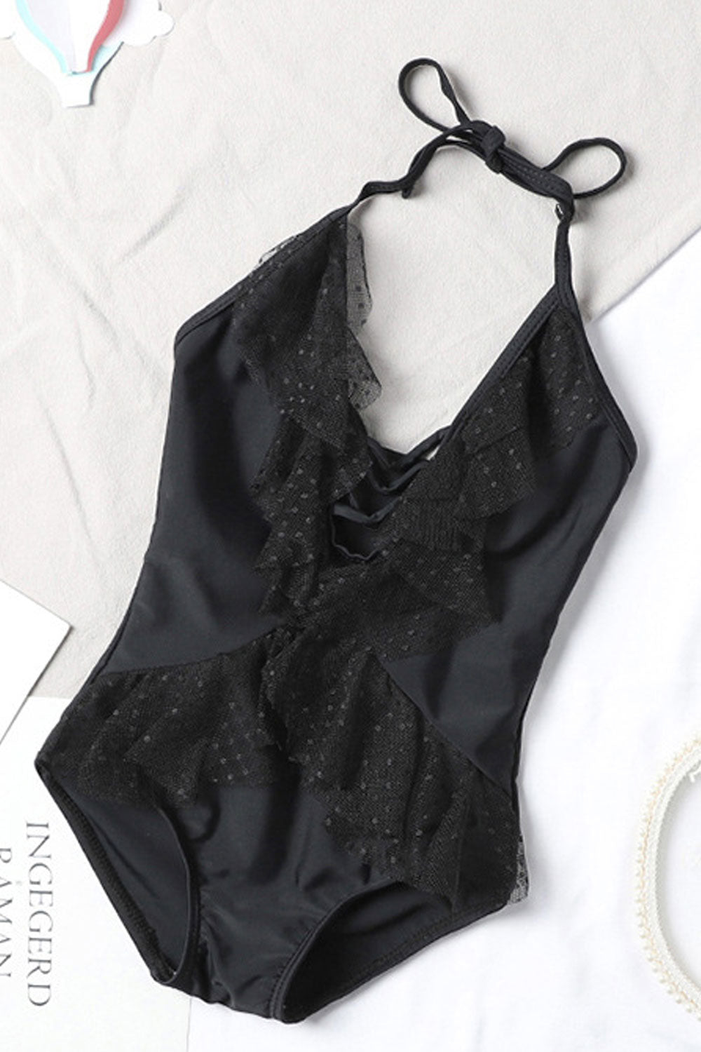 Baby Girls Halter Neck Cross Strap Ruffled Style Swimsuit