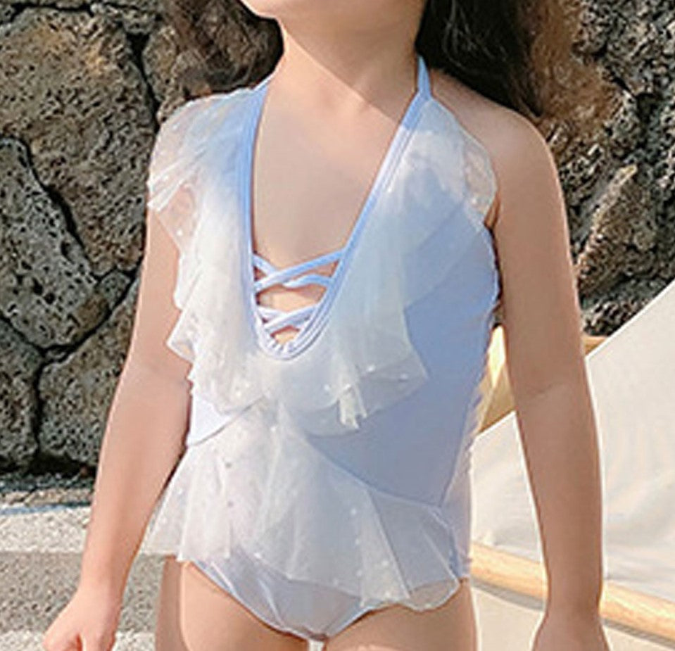 Baby Girls Halter Neck Cross Strap Ruffled Style Swimsuit