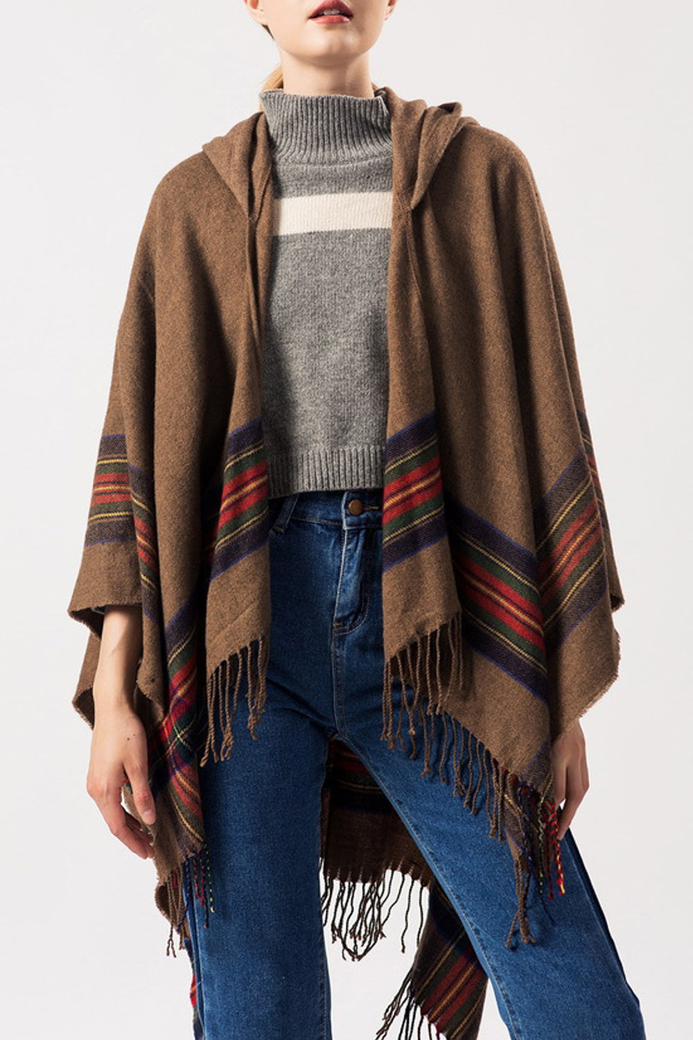 Women Striped Pattern Charming Tassel Hem Cozy Shawl