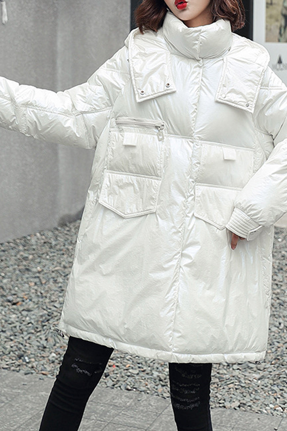 Women Elegant Solid Colored Warm Loose Long Sleeve Pocket Styled Padded Jacket