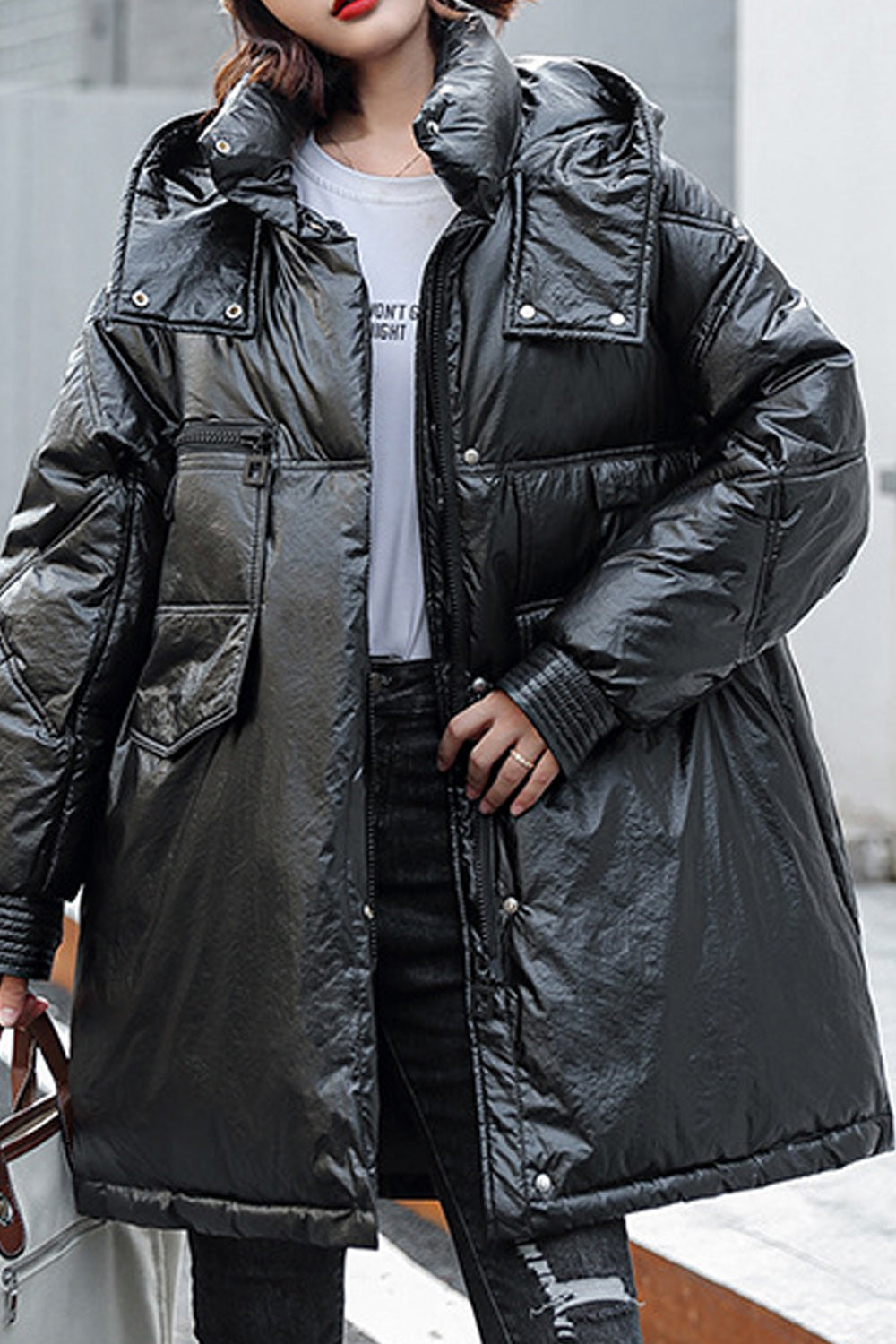 Women Elegant Solid Colored Warm Loose Long Sleeve Pocket Styled Padded Jacket