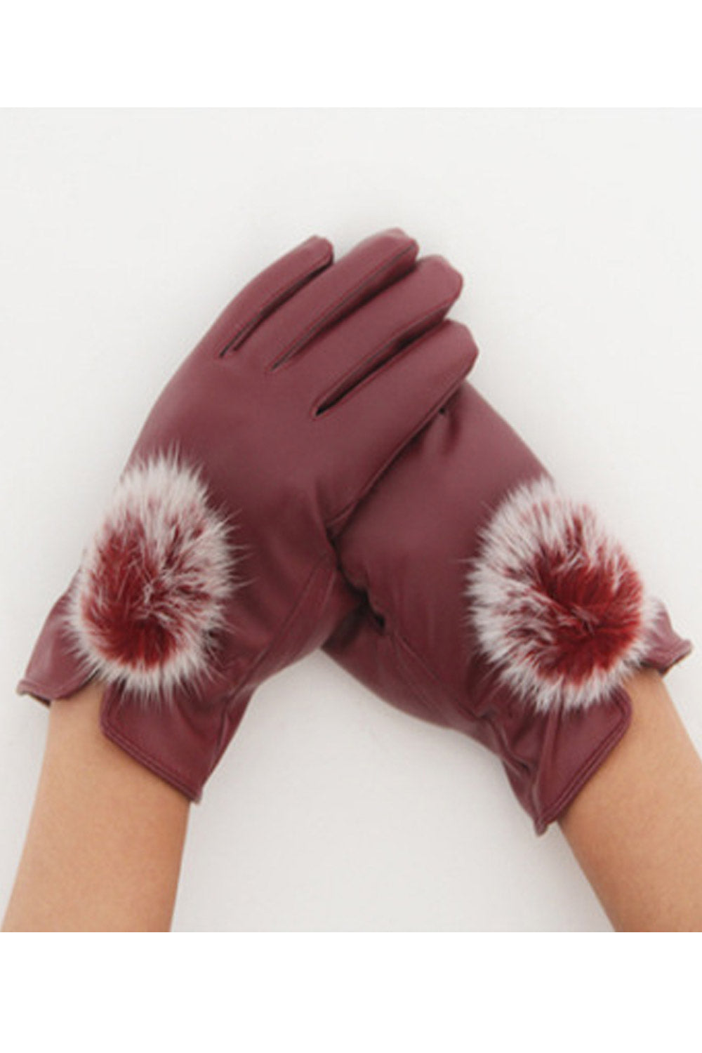 Women Beautiful Hairball Decoration Warm PU Gloves