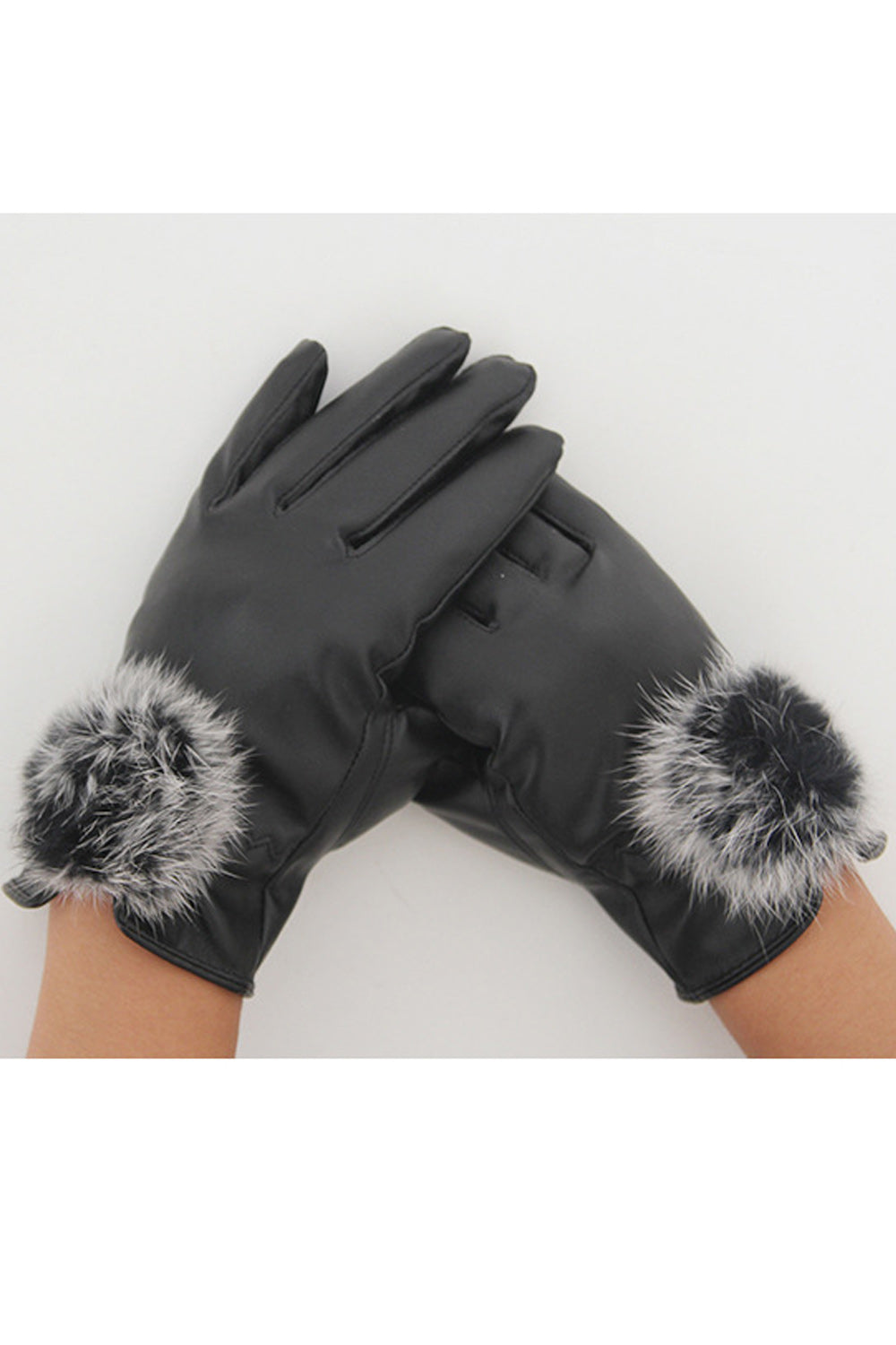 Women Beautiful Hairball Decoration Warm PU Gloves