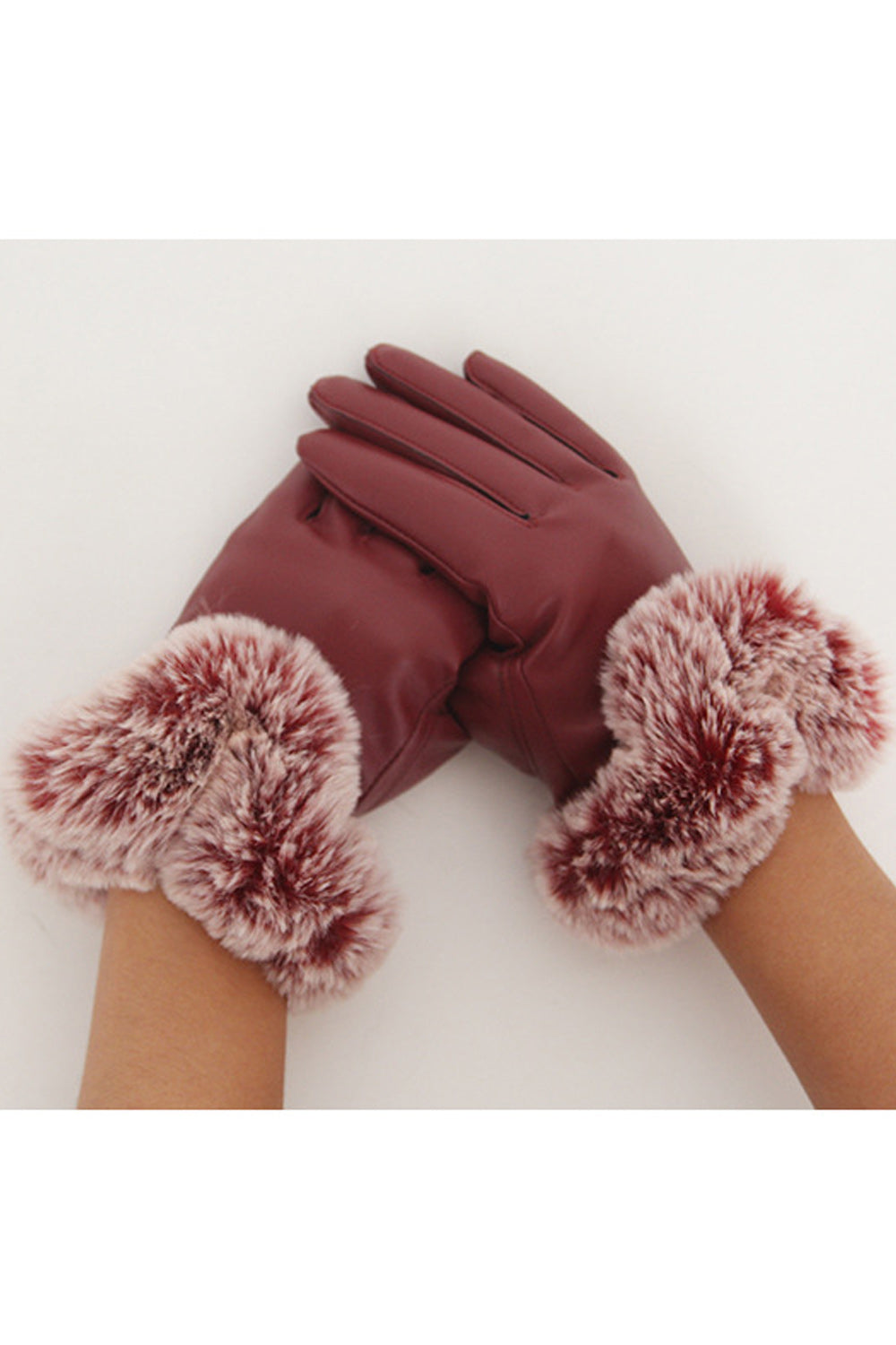 Women Beautiful Rabbit Fleece Warm Thick PU Gloves