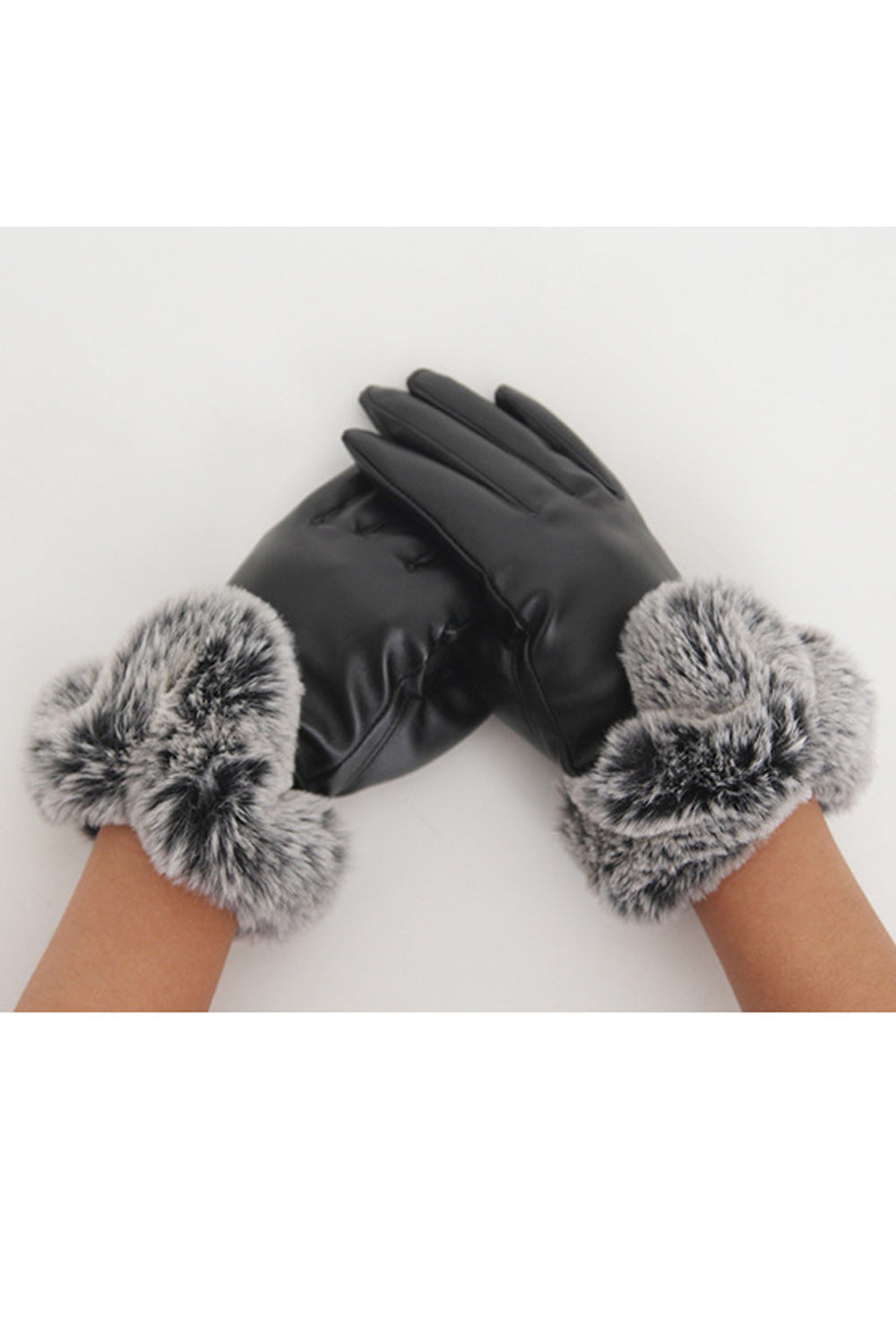 Women Beautiful Rabbit Fleece Warm Thick PU Gloves