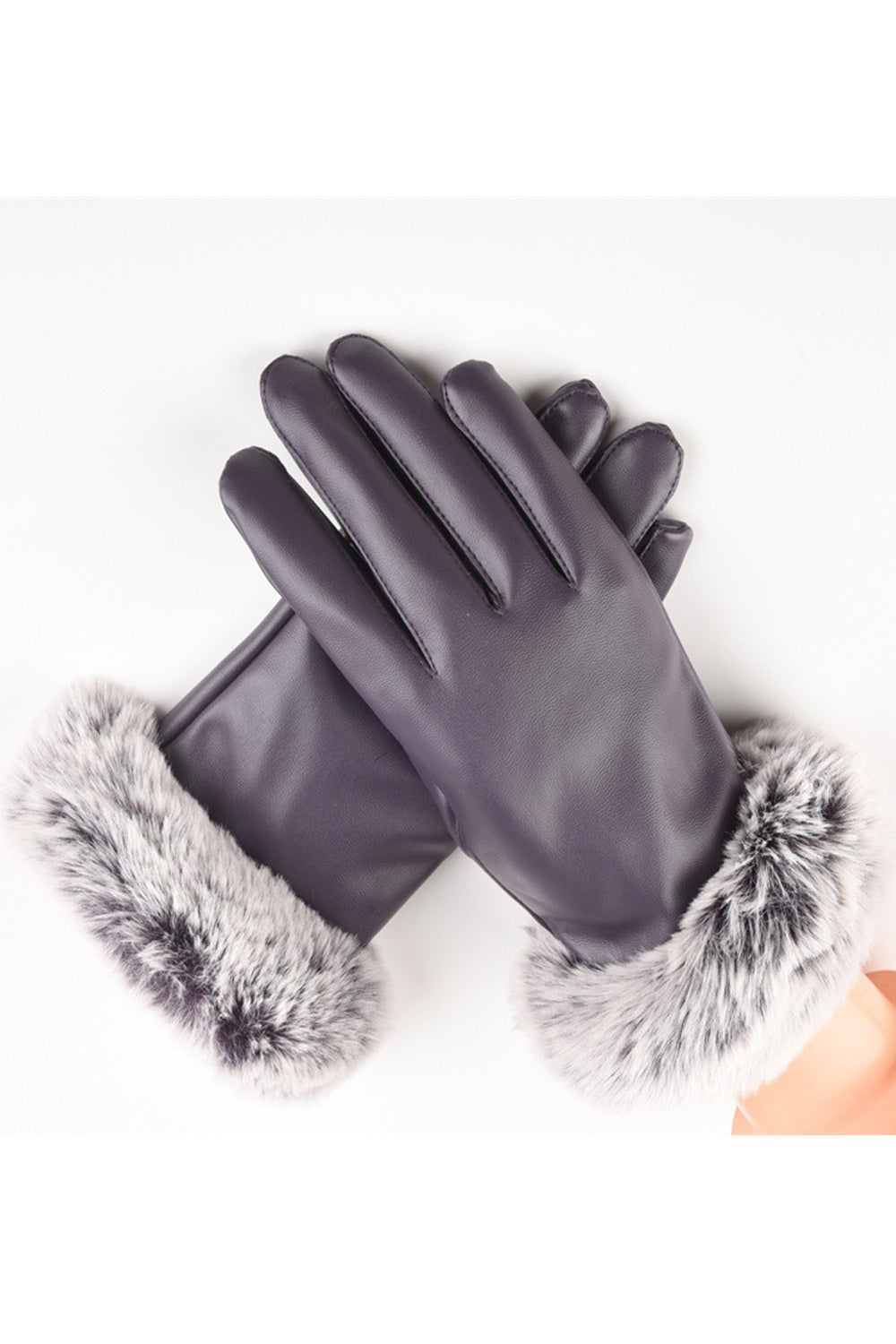 Women Beautiful Rabbit Fleece Warm Thick PU Gloves