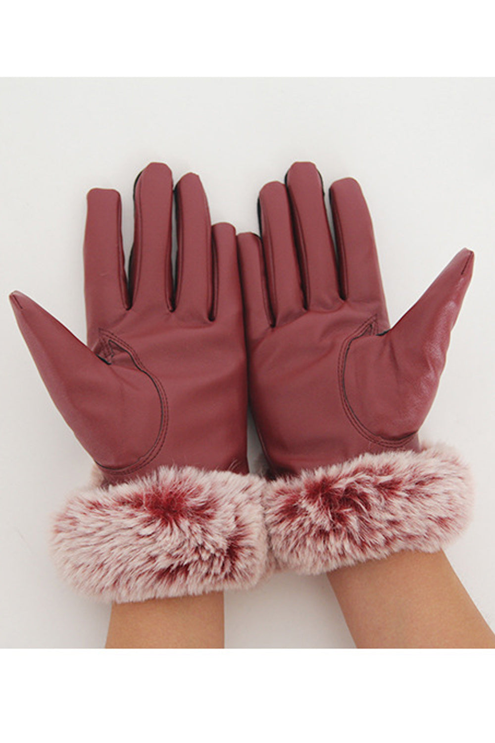Women Beautiful Rabbit Fleece Warm Thick PU Gloves
