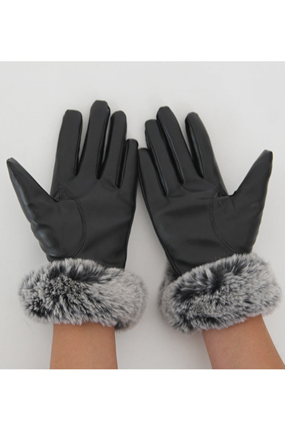 Women Beautiful Rabbit Fleece Warm Thick PU Gloves
