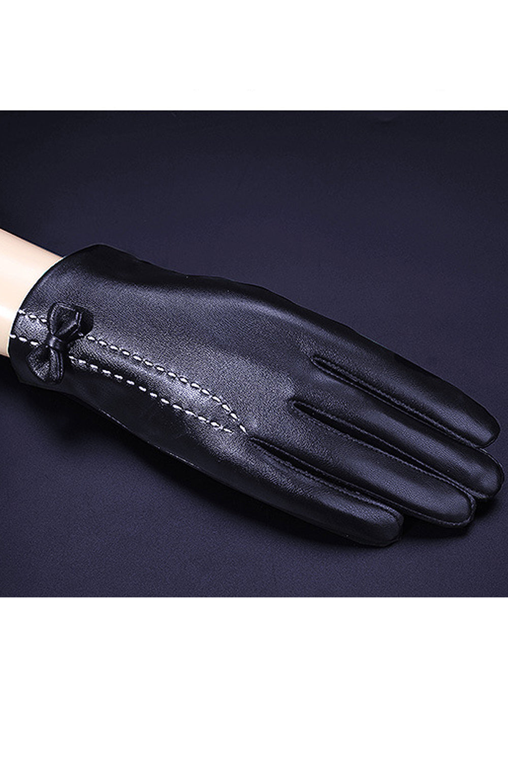Women Decorated Bow Thick Outdoor PU Gloves