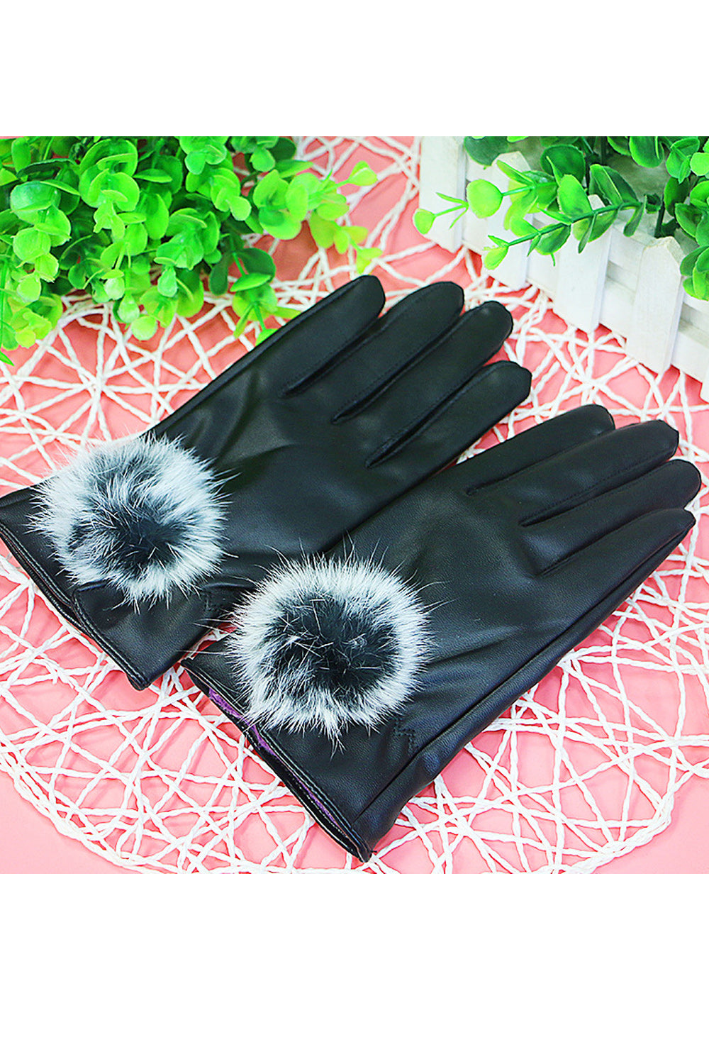 Women Thickened Warm Hairball Decorated Winter PU Gloves