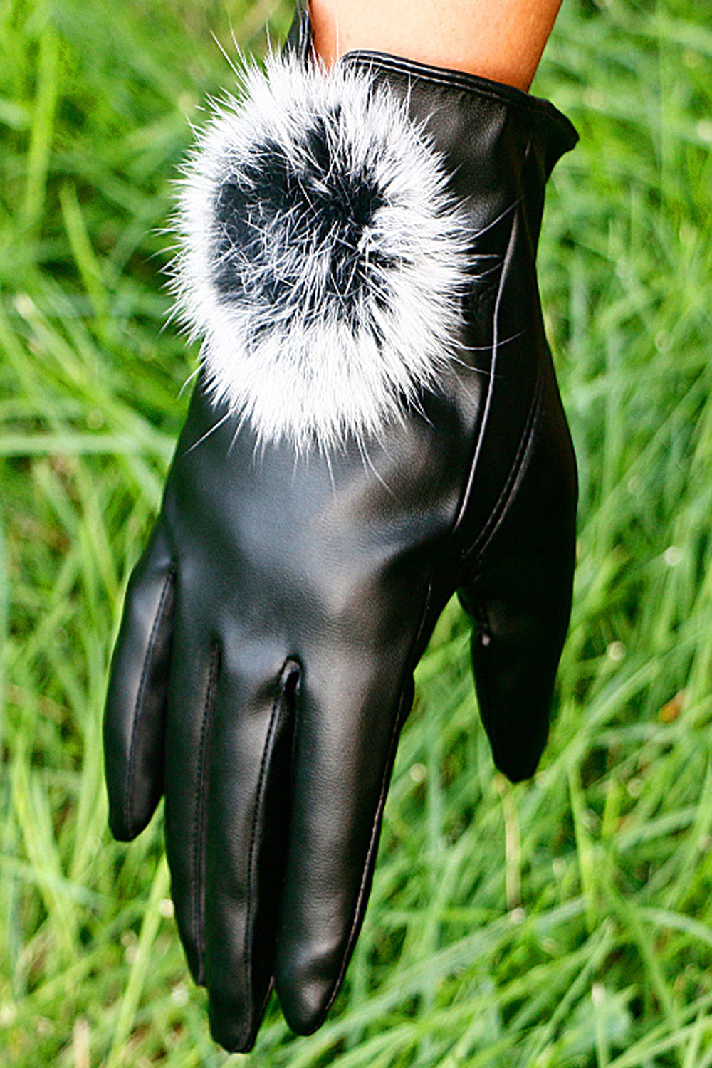 Women Thickened Warm Hairball Decorated Winter PU Gloves