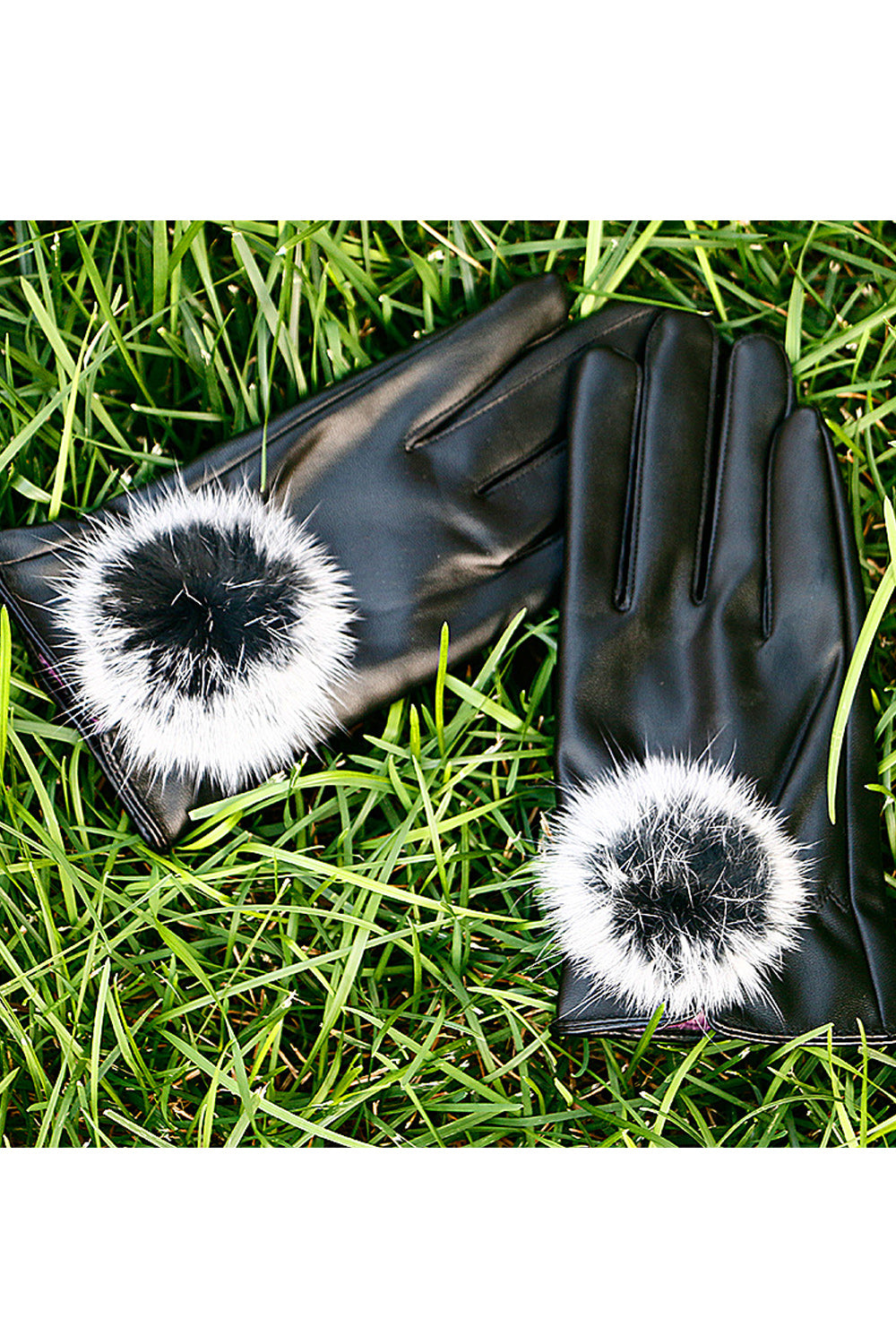 Women Thickened Warm Hairball Decorated Winter PU Gloves