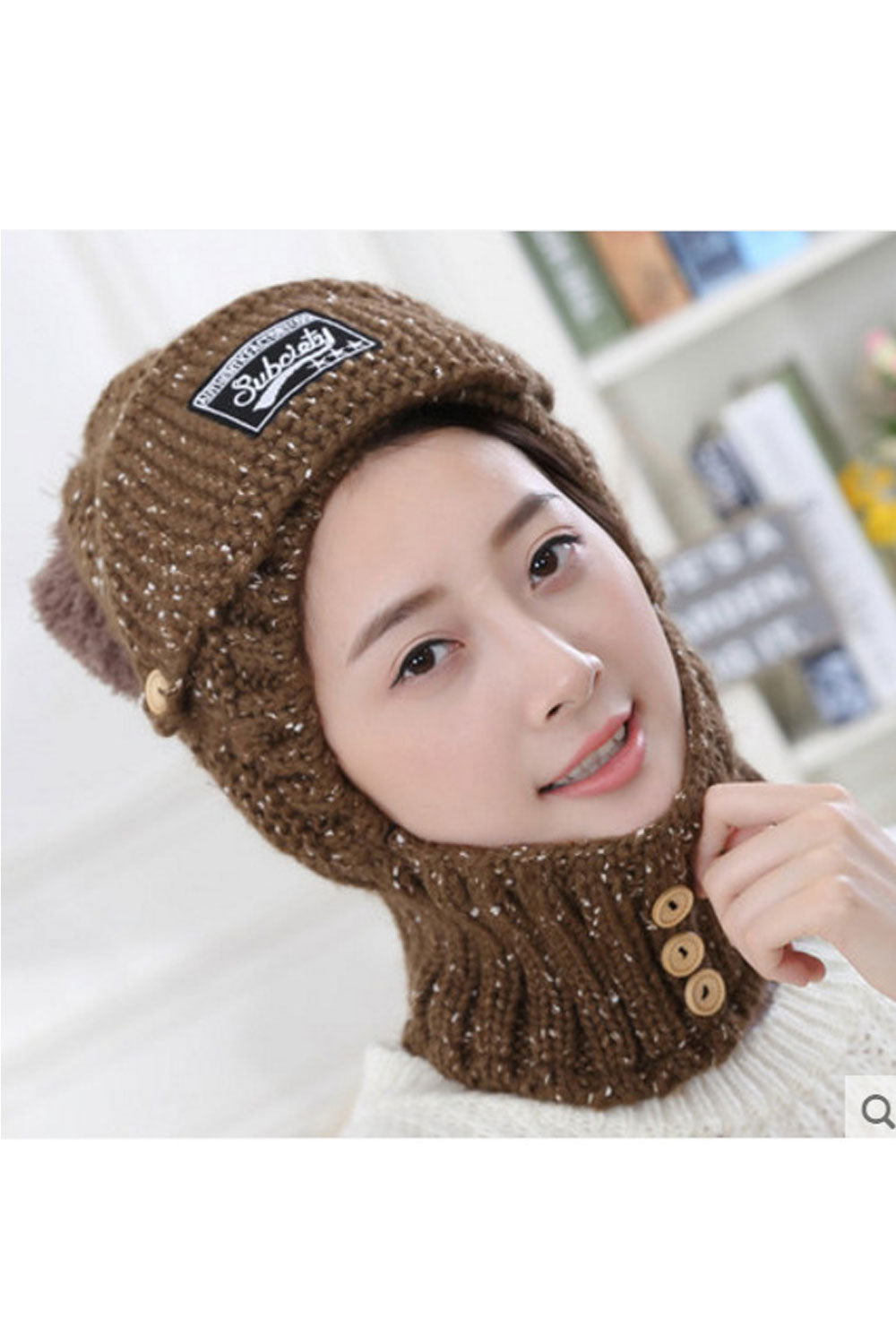 Women Button Decorated Earmuffs Warm Knitted Hat