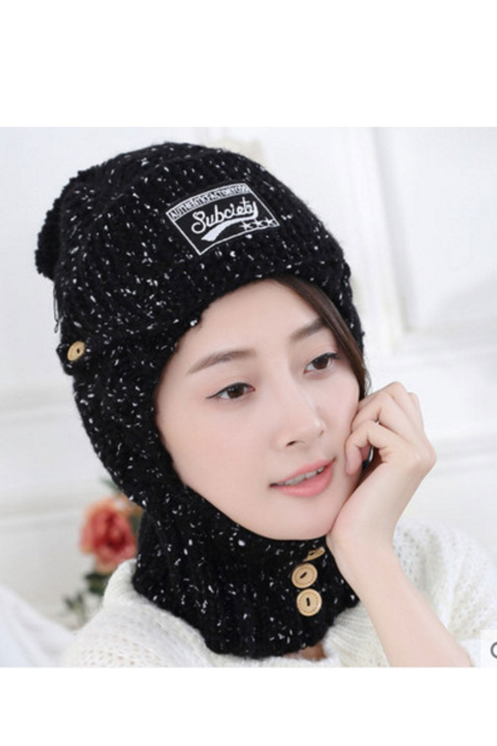 Women Button Decorated Earmuffs Warm Knitted Hat
