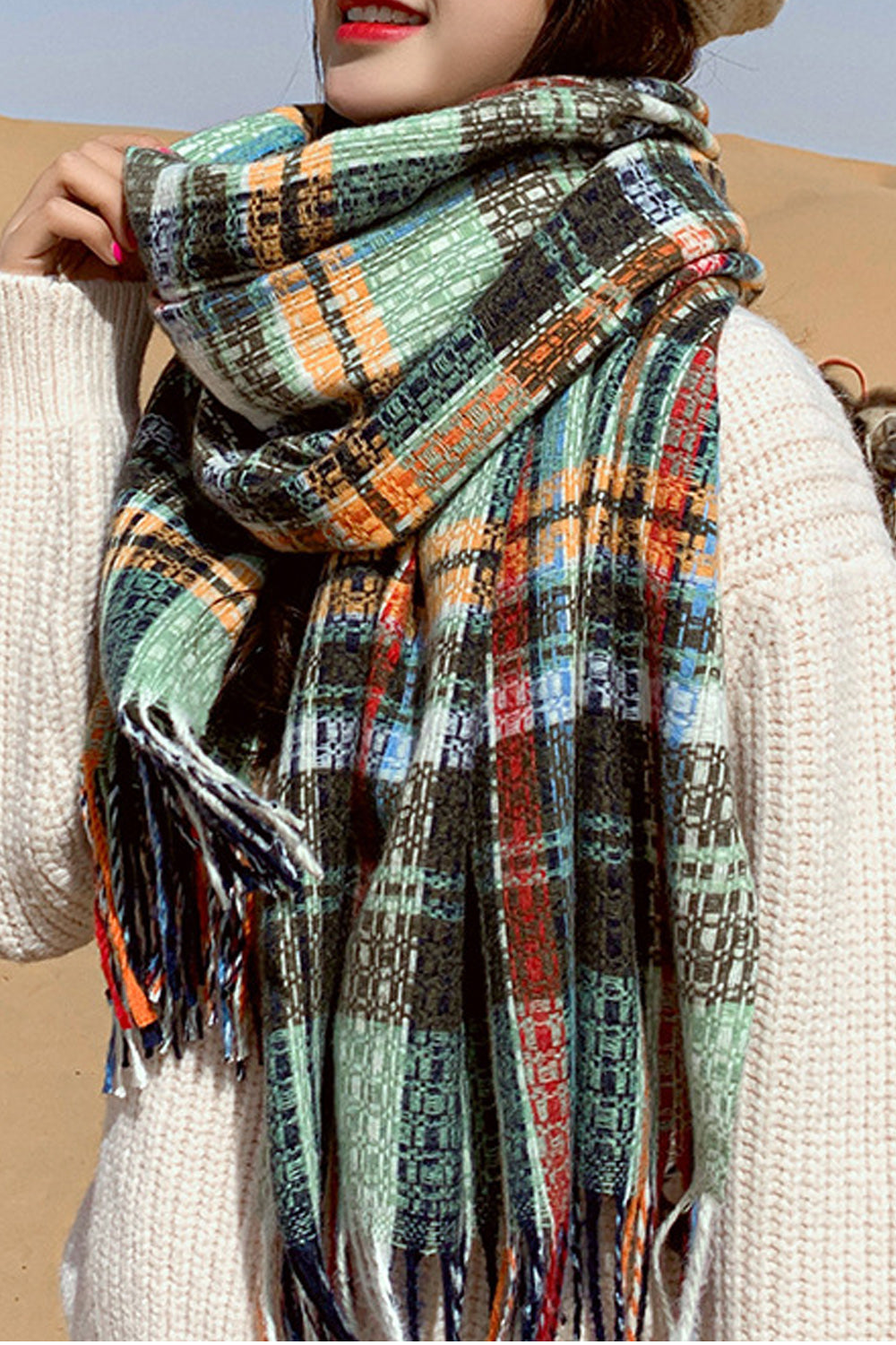 Women Lovely Tassel Decorated Beautiful Warm Plaid Style Muffler