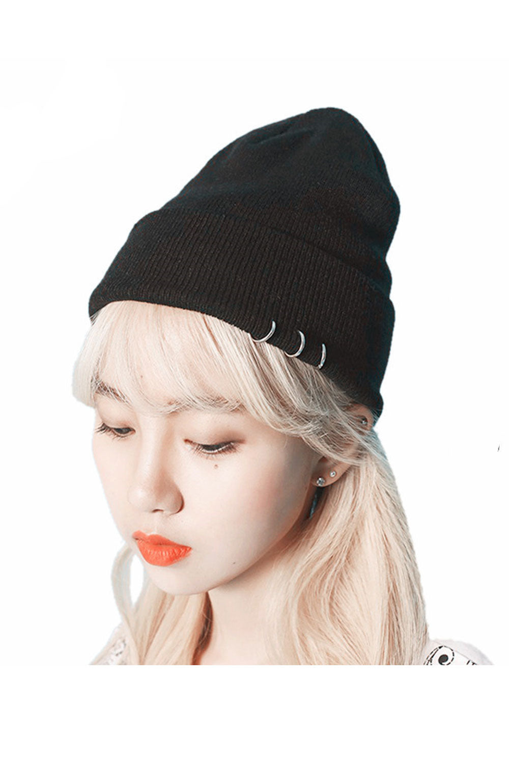 Women Metal Ring Decoration Ear Protection Knitted Hat