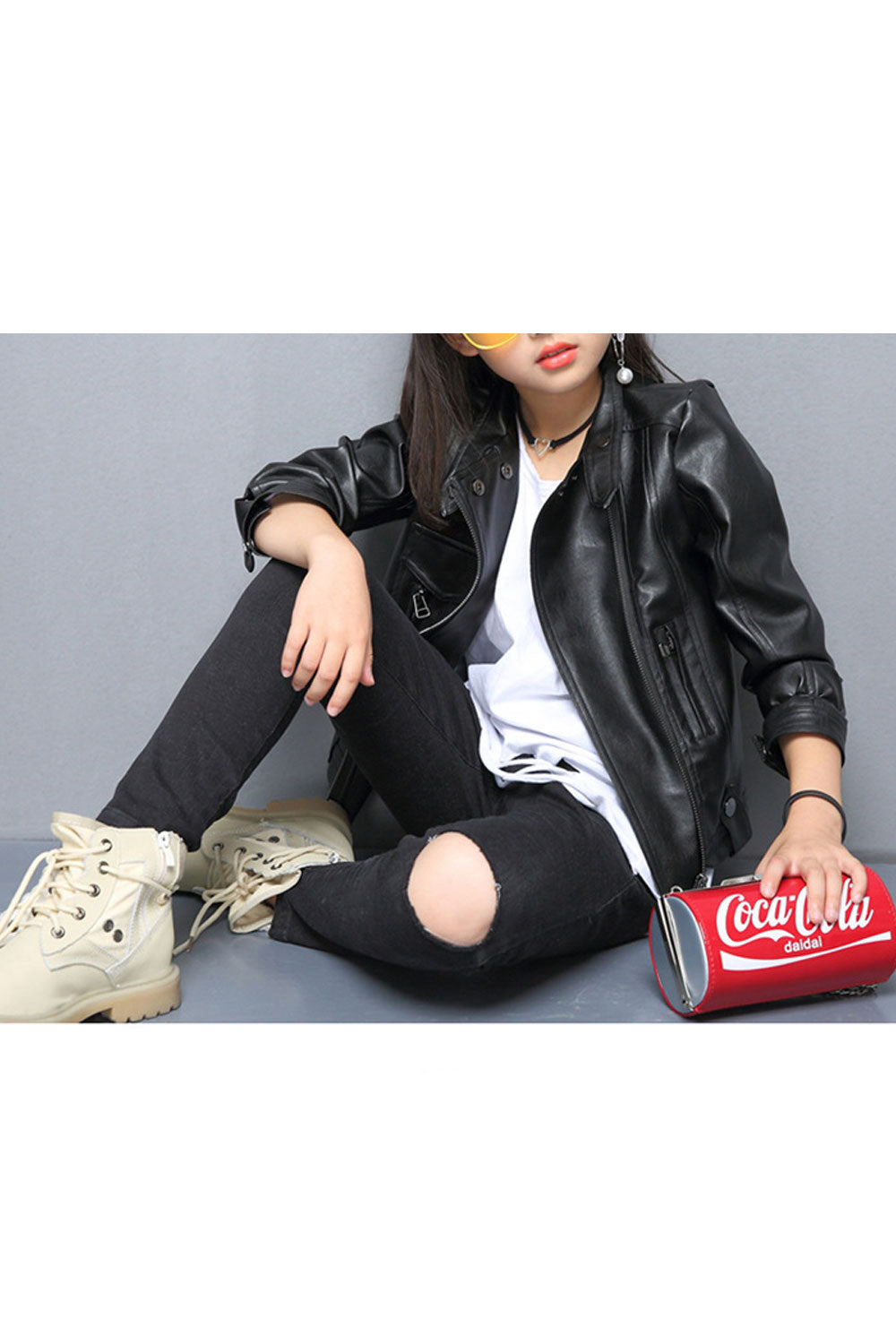 Kids Girls Elegant Solid Colored Warm Long Sleeve Leather Jacket