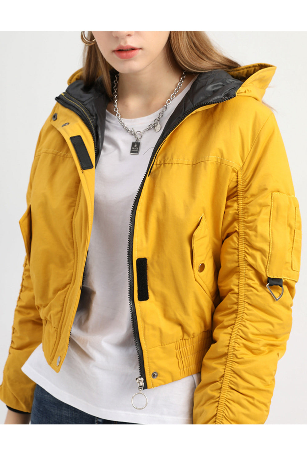 Women Cute Hood Styled Long Sleeve Short Length Elastic Hem Casual Jacket
