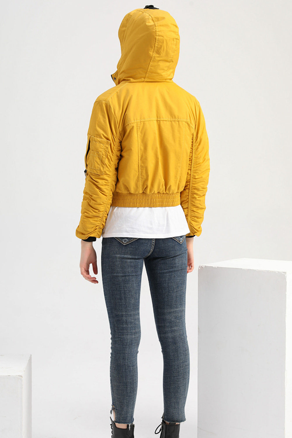 Women Cute Hood Styled Long Sleeve Short Length Elastic Hem Casual Jacket
