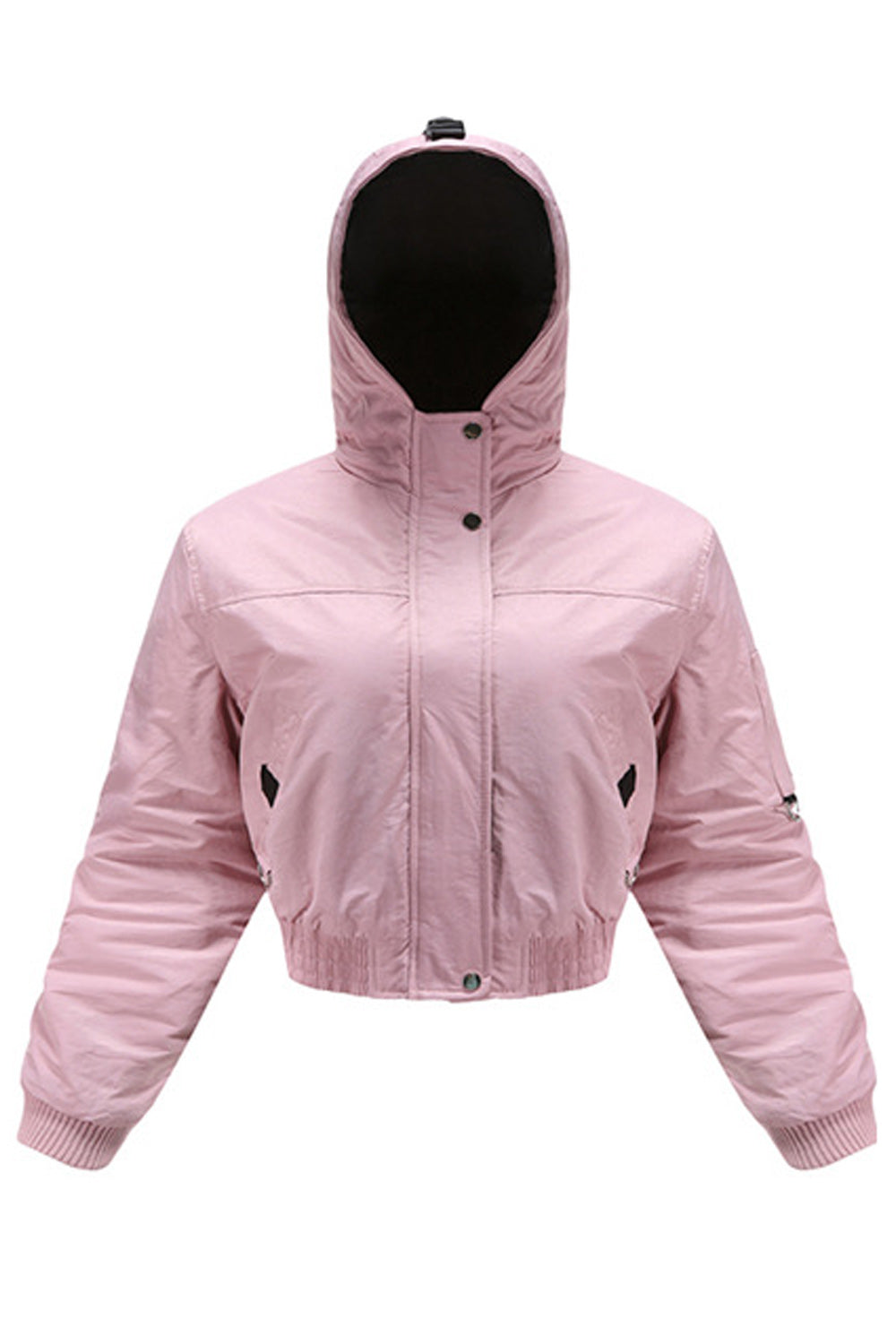 Women Ribbed Cuff Long Sleeve Hooded Neck Short Length Casual Jacket