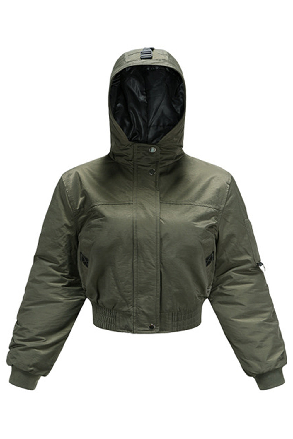 Women Ribbed Cuff Long Sleeve Hooded Neck Short Length Casual Jacket
