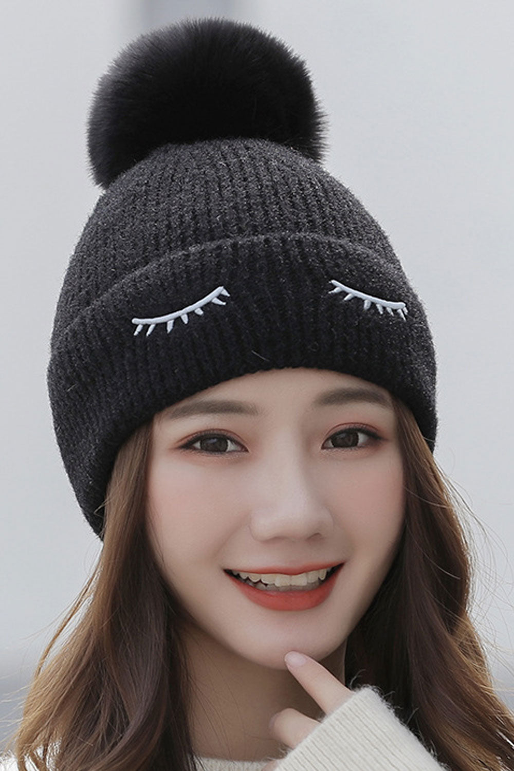 Women Big Hair Ball Elegant Solid Colored Cozy Knitted Hat