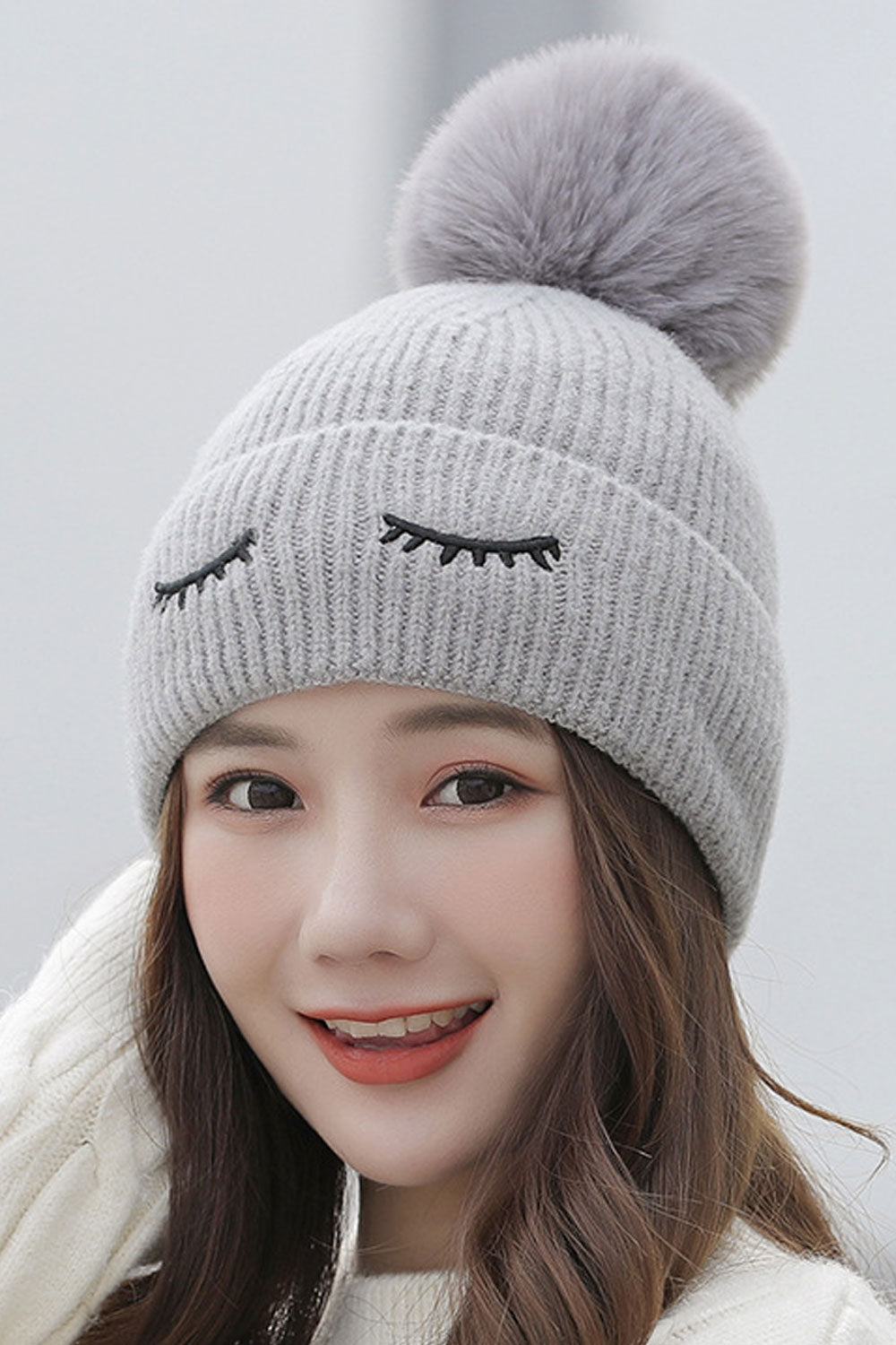 Women Big Hair Ball Elegant Solid Colored Cozy Knitted Hat