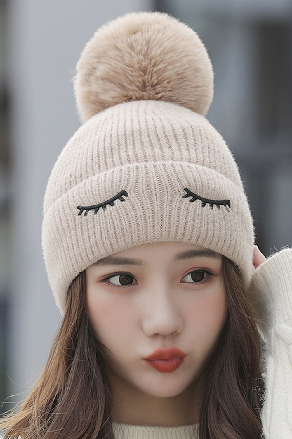 Women Big Hair Ball Elegant Solid Colored Cozy Knitted Hat