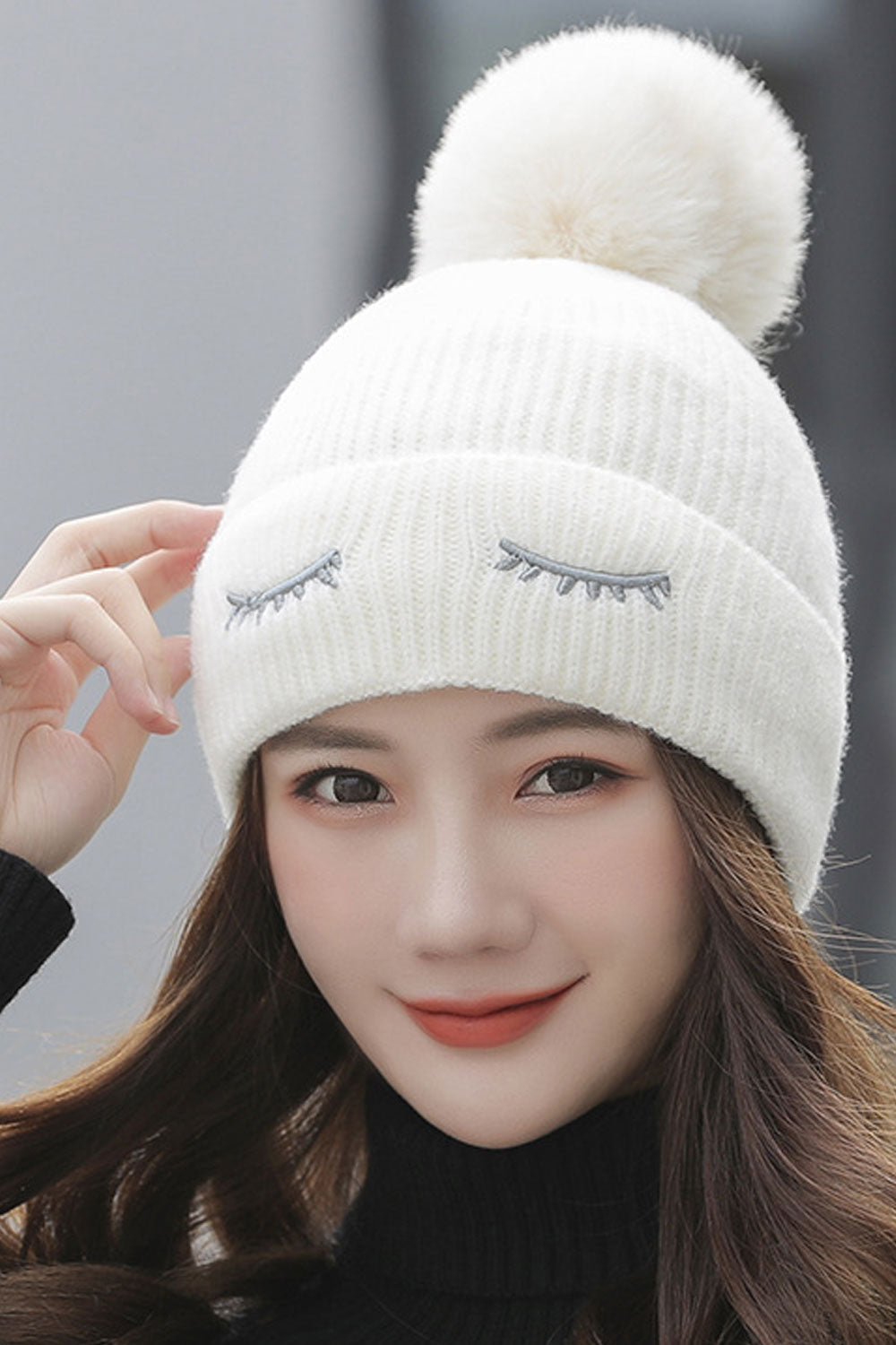 Women Big Hair Ball Elegant Solid Colored Cozy Knitted Hat