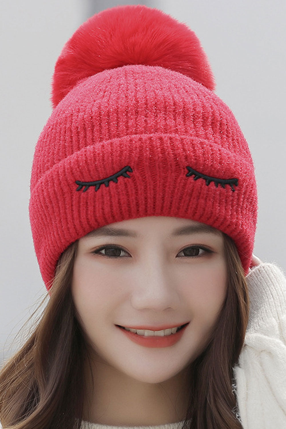 Women Big Hair Ball Elegant Solid Colored Cozy Knitted Hat