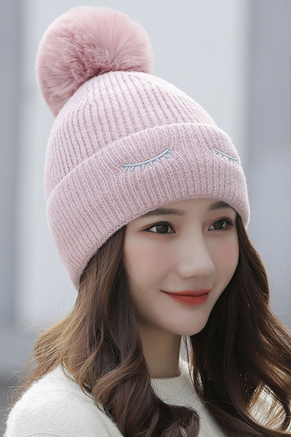 Women Big Hair Ball Elegant Solid Colored Cozy Knitted Hat