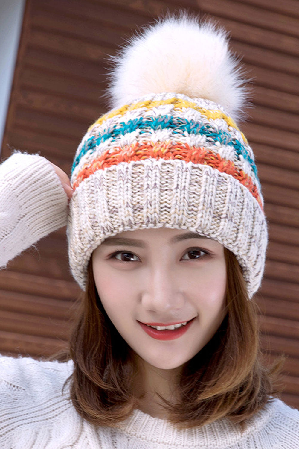 Women Classy Cozy Material Hair Ball Decorated Knitted Hat