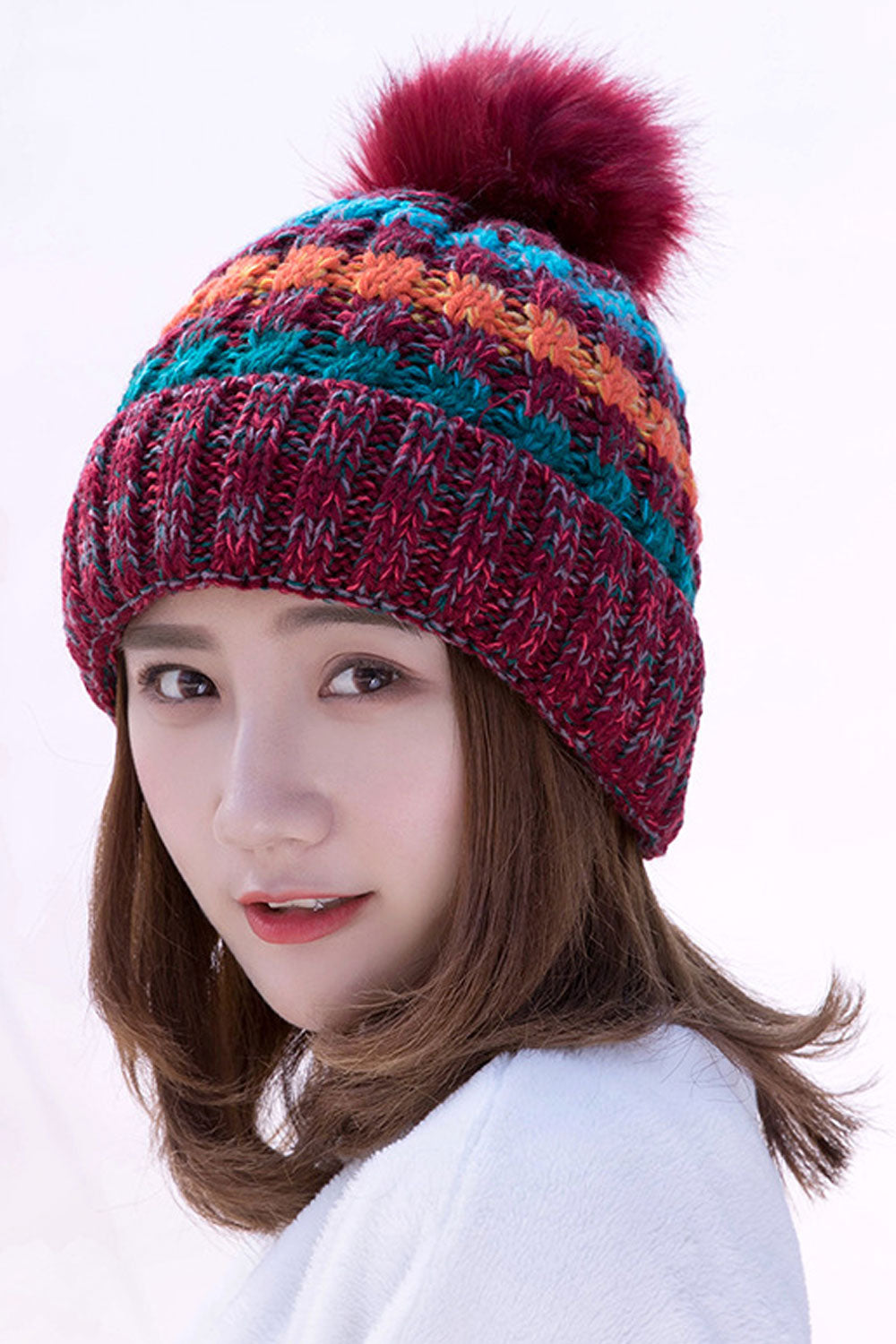 Women Classy Cozy Material Hair Ball Decorated Knitted Hat