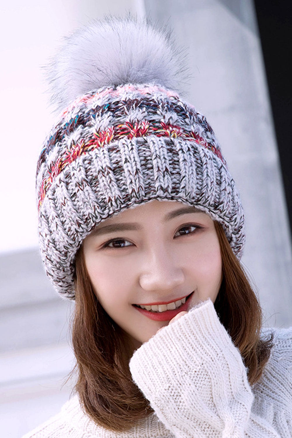 Women Classy Cozy Material Hair Ball Decorated Knitted Hat
