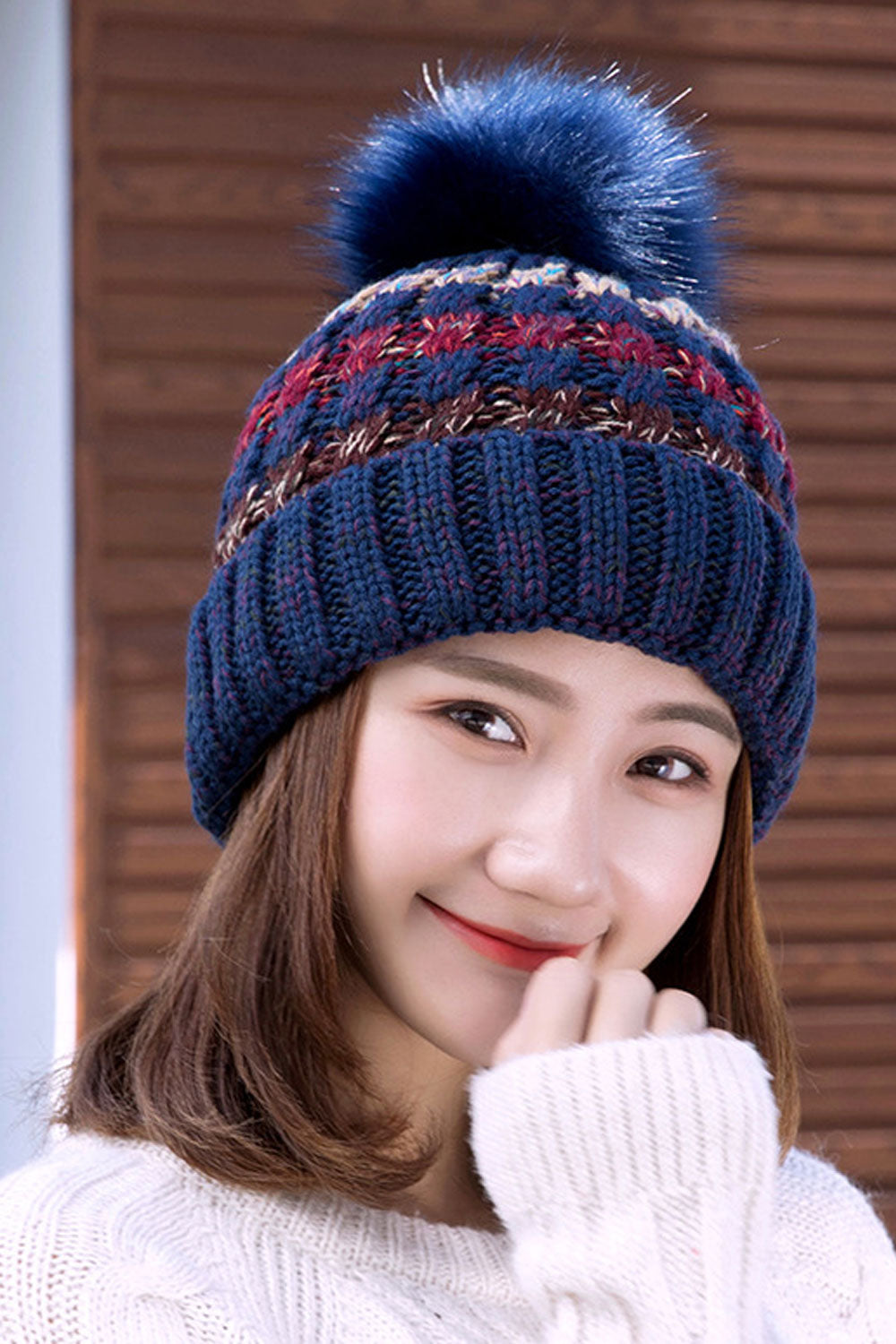 Women Classy Cozy Material Hair Ball Decorated Knitted Hat