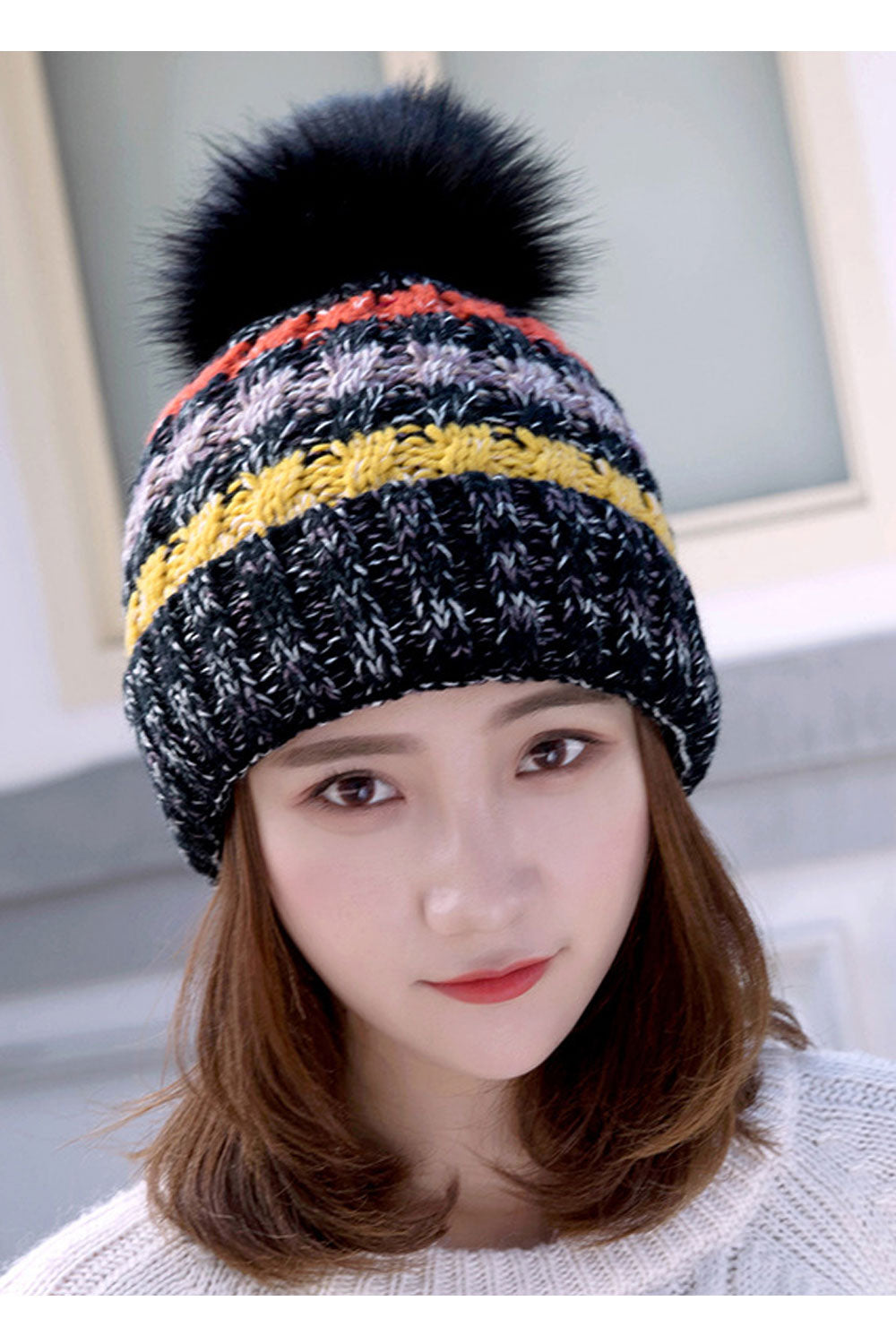 Women Classy Cozy Material Hair Ball Decorated Knitted Hat