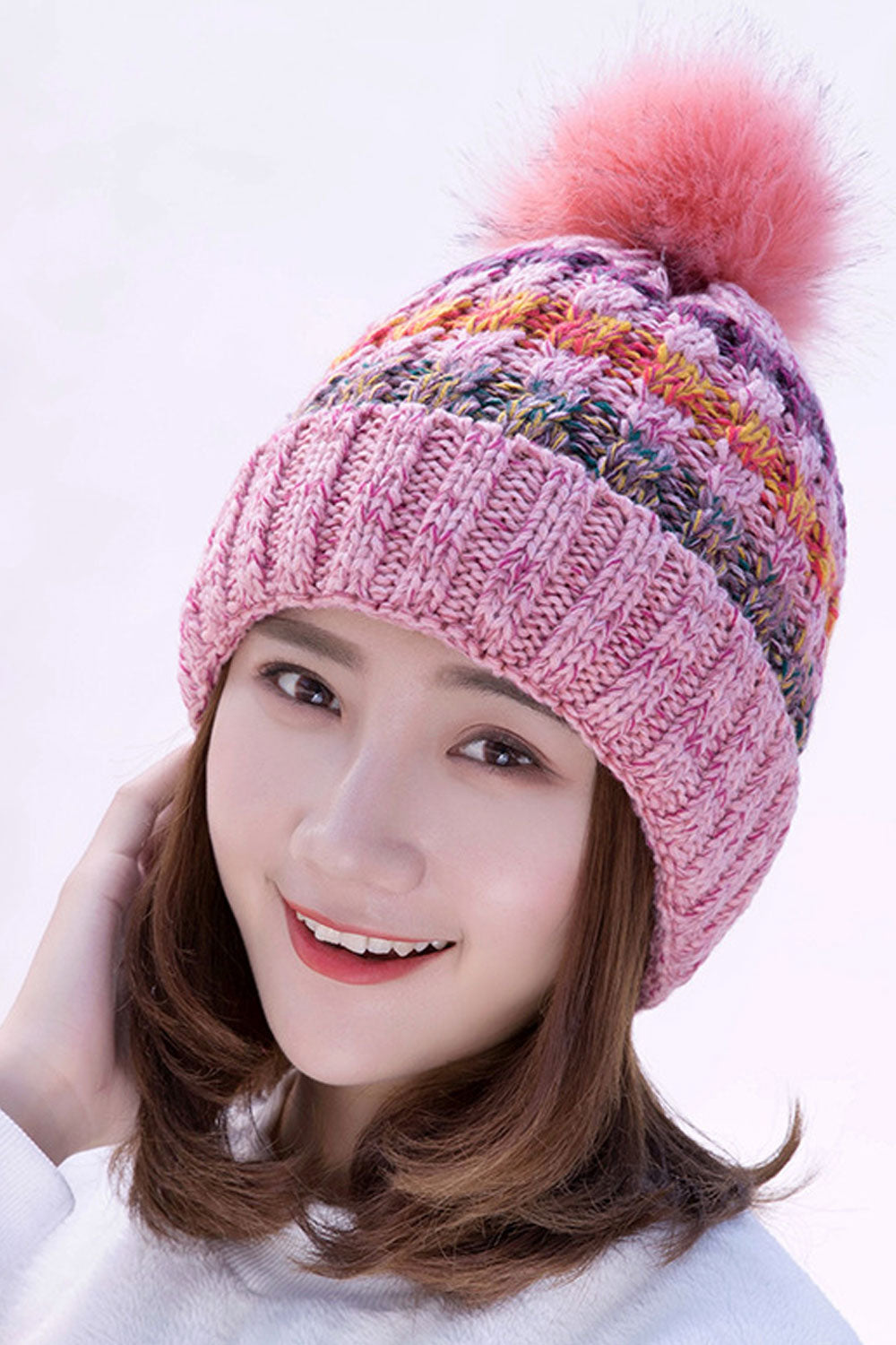 Women Classy Cozy Material Hair Ball Decorated Knitted Hat