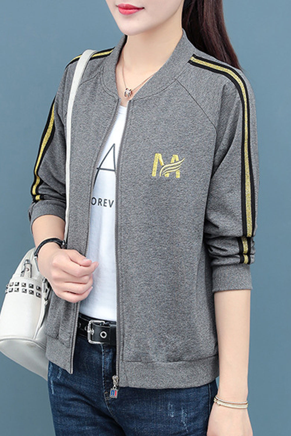 Women Elasticated Hem Slim Fit Long Sleeve Round Neck Casual Jacket